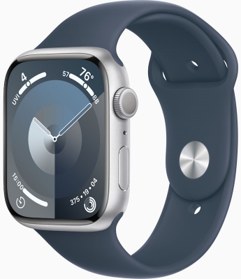 Часы Apple Watch Series 9, 45 мм, корпус из алюминия серебристого цвета, спортивный ремешок цвета «штормовой синий», размер S/M (MR9D3)