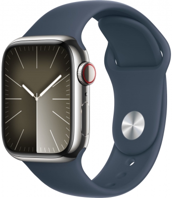 Часы Apple Watch Series 9 Cellular, 41 мм, корпус из нержавеющей стали серебристого цвета, спортивный ремешок цвета «штормовой синий», размер S/M (MRJ23)