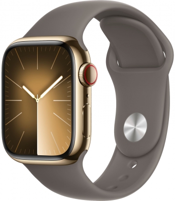 Часы Apple Watch Series 9 Cellular, 41 мм, корпус из нержавеющей стали золотого цвета, спортивный ремешок платиново-серого цвета, размер S/M (MRJ53)