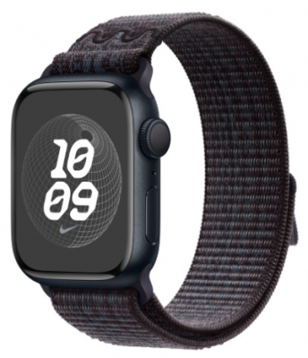 Часы Apple Watch Series 9, 41 мм, корпус из алюминия цвета «тёмная ночь», спортивный браслет (loop) Nike Чёрный/Синий