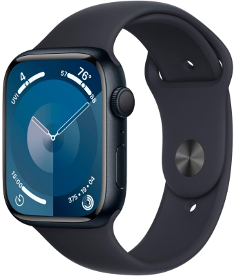 Часы Apple Watch Series 9, 45 мм, корпус из алюминия цвета «тёмная ночь», спортивный ремешок цвета «тёмная ночь», размер XL (MU2F3)