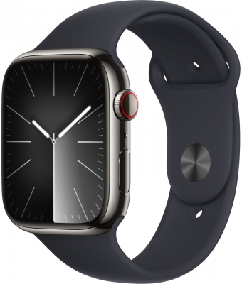 Apple Watch Series 9 Cellular, 45 мм, корпус из нержавеющей стали графитового цвета, спортивный ремешок цвета «тёмная ночь», размер M/L (MRMW3)