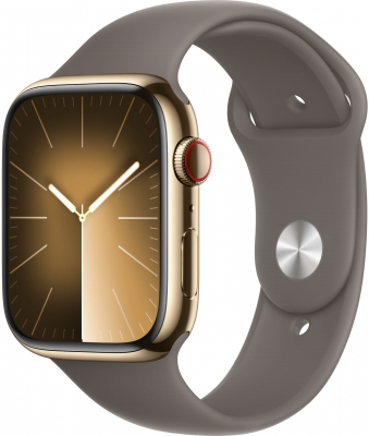Apple Watch Series 9 Cellular, 45 мм, корпус из нержавеющей стали золотого цвета, спортивный ремешок платиново-серого цвета, размер M/L (MRMT3)