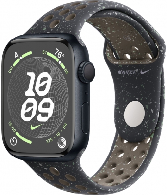 Часы Apple Watch Series 9, 45 мм, корпус из алюминия цвета «тёмная ночь», спортивный ремешок Nike цвета «полуночное небо», размер M/L (MR9Q3)