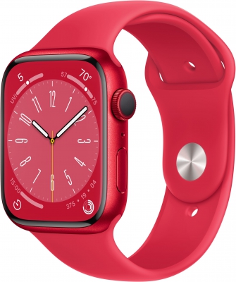 Часы Apple Watch Series 8, 45 мм, корпус из алюминия цвета (PRODUCT)RED, спортивный ремешок цвета (PRODUCT)RED, размер S/M и M/L (MNP43)