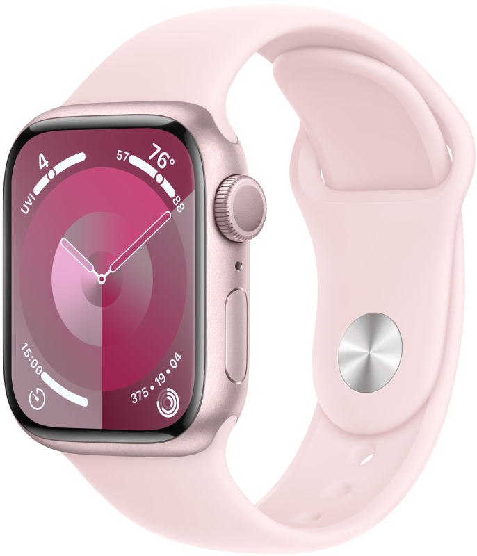 Часы Apple Watch Series 9, 41 мм, корпус из алюминия розового цвета, спортивный ремешок светло-розового цвета, размер S/M (MR933)