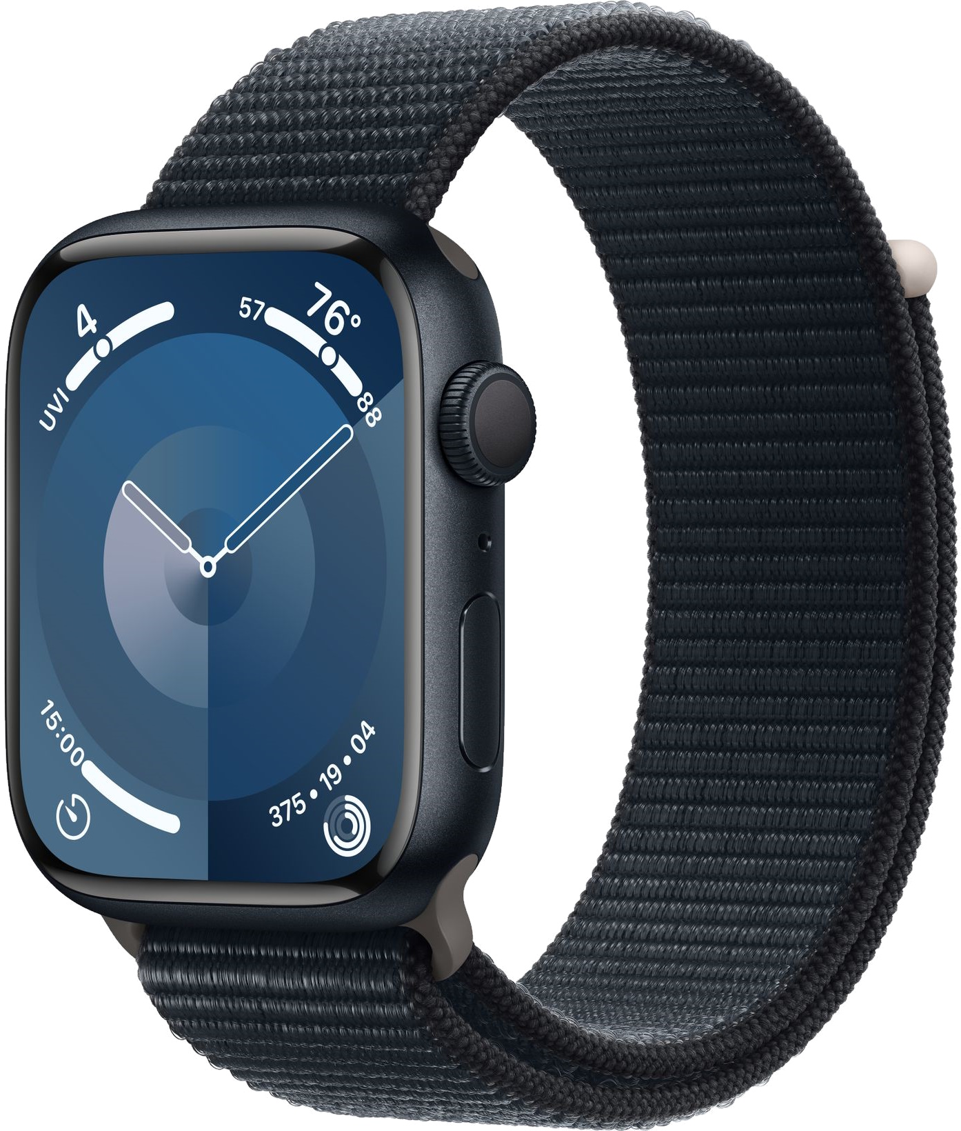 Часы Apple Watch Series 9, 45 мм, корпус из алюминия цвета «тёмная ночь», спортивный браслет (loop) цвета «тёмная ночь» (MR9C3)