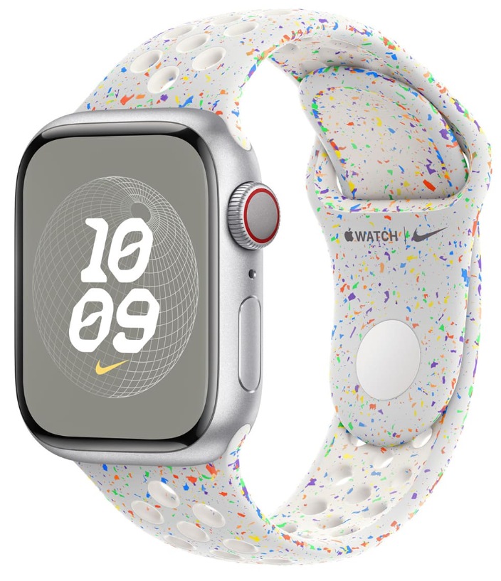 Часы Apple Watch Series 9, 41 мм, корпус из алюминия серебристого цвета, спортивный ремешок Nike цвета «чистая платина», размер M/L (MRPY3)