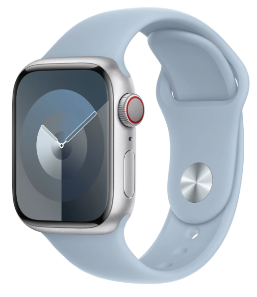 Часы Apple Watch Series 9, 41 мм, корпус из алюминия серебристого цвета, спортивный ремешок голубого цвета, размер S/M