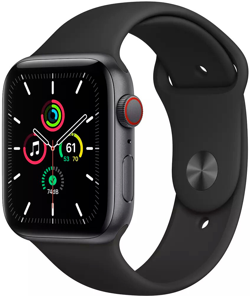 Часы Apple Watch SE Cellular, 44 мм, корпус из алюминия цвета «серый космос», спортивный ремешок чёрного цвета (MYER2)
