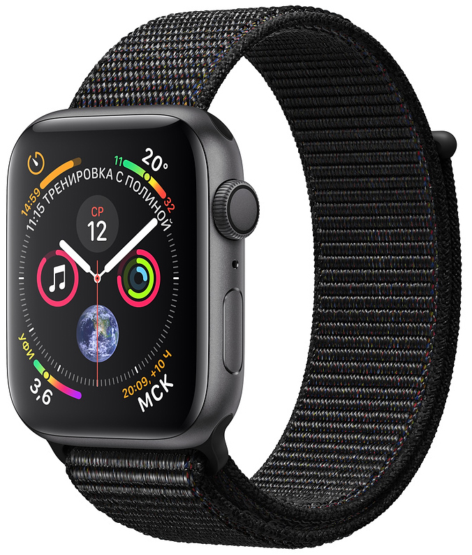 Apple Watch Series 4, 44 мм, корпус из алюминия цвета «серый космос», нейлоновый браслет чёрного цвета (MU6E2)