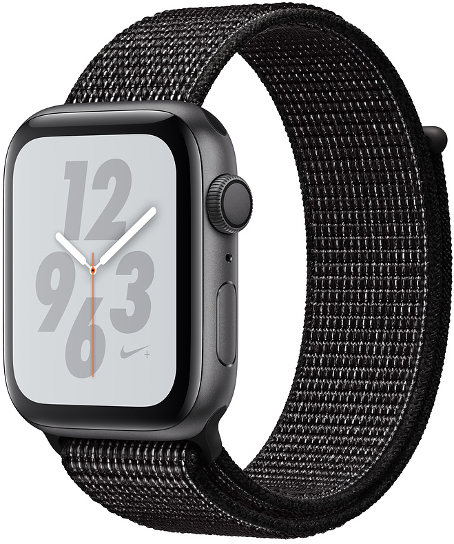 Apple Watch Nike+ Series 4, 44 мм, корпус из алюминия цвета «серый космос», нейлоновый браслет Nike чёрного цвета (MU7J2)