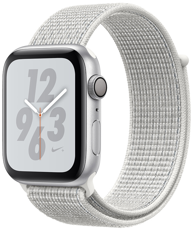 Apple Watch Nike+ Series 4, 44 мм, корпус из алюминия серебристого цвета, нейлоновый браслет Nike цвета «снежная вершина» (MU7H2)