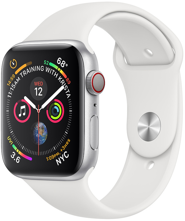 Apple Watch Series 4 Cellular, 44 мм, корпус из алюминия серебристого цвета, спортивный ремешок белого цвета (MTUU2)