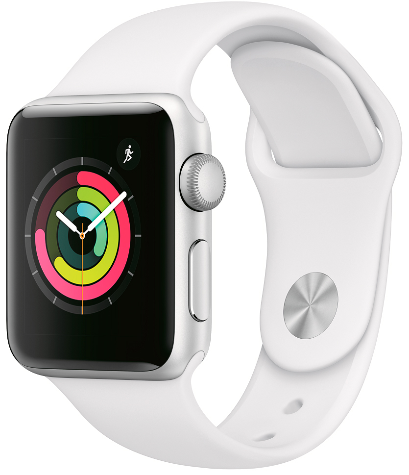 Apple Watch Series 3, 38 мм, корпус из алюминия серебристого цвета, спортивный ремешок белого цвета (MTEY2)
