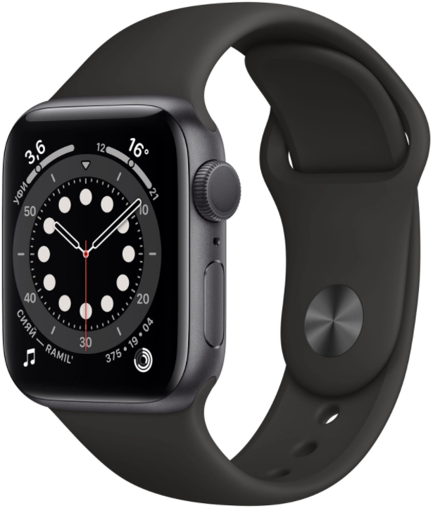 Часы Apple Watch Series 6, 44 мм, корпус из алюминия цвета «серый космос», спортивный ремешок чёрного цвета (M00H3)