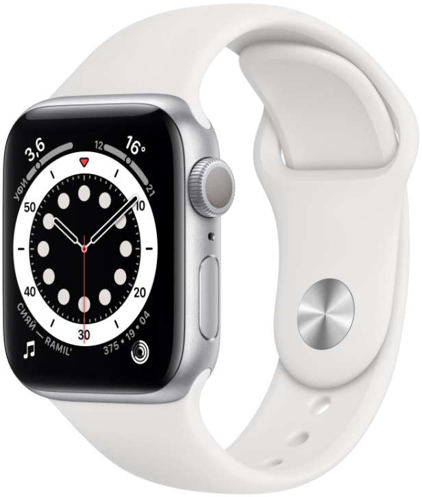 Часы Apple Watch Series 6, 44 мм, корпус из алюминия цвета «серебристый», спортивный ремешок белого цвета (M00D3)