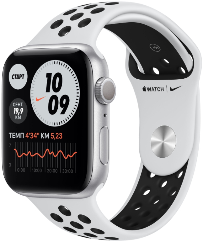 Часы Apple Watch Series 6, 44 мм, корпус из алюминия серебристого цвета, спортивный ремешок Nike цвета «чистая платина/чёрный» (MG293)