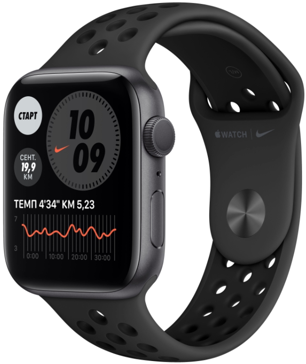 Часы Apple Watch Series 6, 44 мм, корпус из алюминия цвета «серый космос», спортивный ремешок Nike цвета «антрацитовый/чёрный» (MG173)