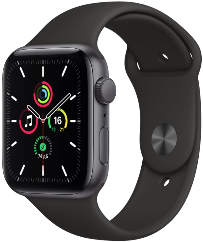 Часы Apple Watch SE, 44 мм, корпус из алюминия цвета «серый космос», спортивный ремешок чёрного цвета (MYDT2)