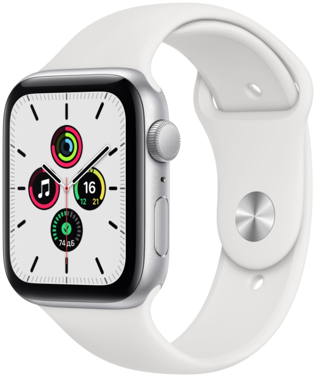 Часы Apple Watch SE, 44 мм, корпус из алюминия серебристого цвета, спортивный ремешок белого цвета (MYDQ2)