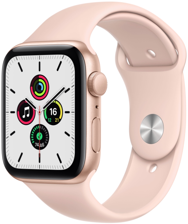 Часы Apple Watch SE, 44 мм, корпус из алюминия золотого цвета, спортивный ремешок цвета «розовый песок» (MYDR2)
