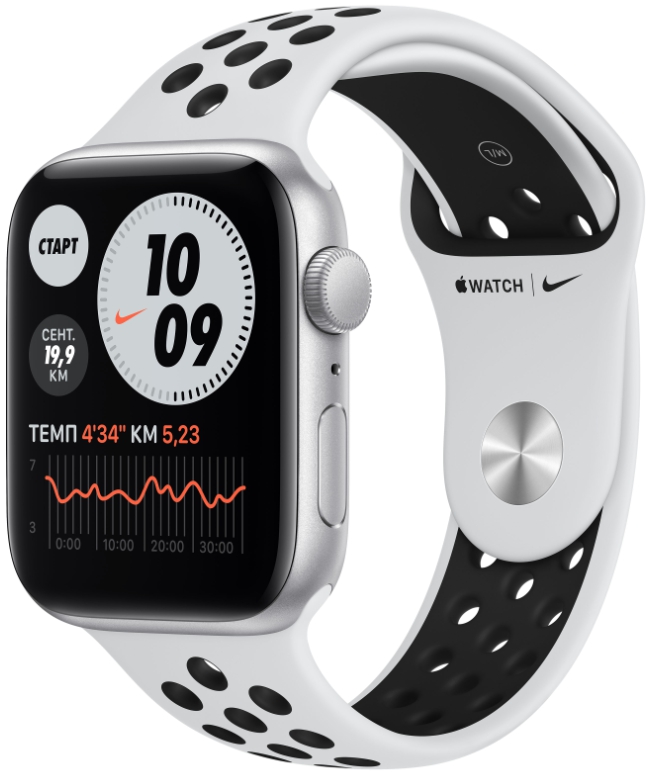 Часы Apple Watch Nike SE, 44 мм, корпус из алюминия серебристого цвета, спортивный ремешок Nike цвета «чистая платина/чёрный» (MKQ73)