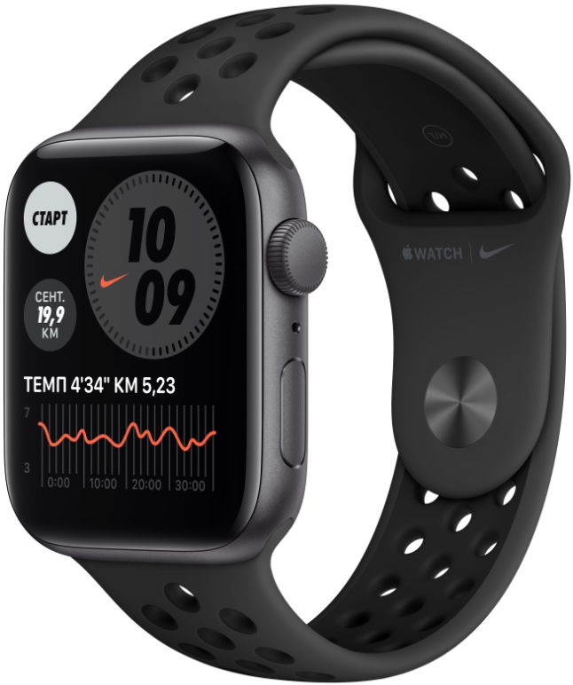 Часы Apple Watch Nike SE, 44 мм, корпус из алюминия цвета «серый космос», спортивный ремешок Nike цвета «антрацитовый/чёрный» (MYYK2)