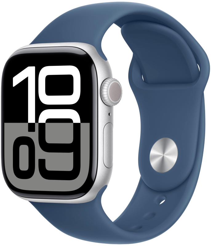 Часы Apple Watch Series 10, 42 мм, корпус из алюминия серебристого цвета, спортивный ремешок джинсового цвета, размер M/L (MWWC3)