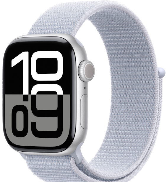 Часы Apple Watch Series 10, 42 мм, корпус из алюминия серебристого цвета, спортивный браслет (loop) цвета «синее облако» (MWWD3)