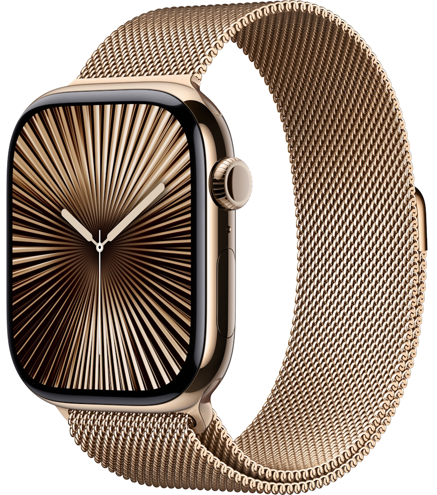 Часы Apple Watch Series 10 Cellular, 46 мм, корпус из титана золотого цвета, миланский браслет золотого цвета, размер S/M (MC7T4) Часы Apple Watch Series 10 Cellular, 46 мм, корпус из титана золотого цвета, миланский браслет золотого цвета, размер S/M (MC7T4)