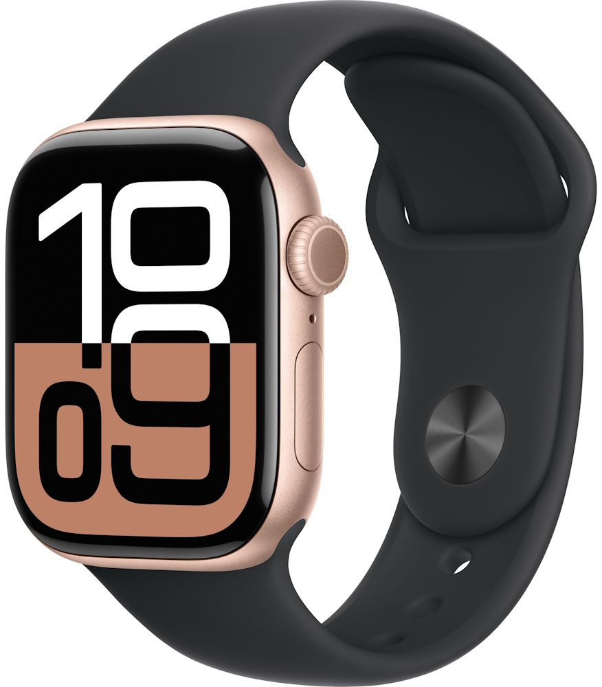 Часы Apple Watch Series 10, 42 мм, корпус из алюминия цвета «розовое золото», спортивный ремешок чёрного цвета, размер M/L (MWWY3+MXLK3) Часы Apple Watch Series 10, 42 мм, корпус из алюминия цвета «розовое золото», спортивный ремешок чёрного цвета, размер M/L (MWWY3+MXLK3)