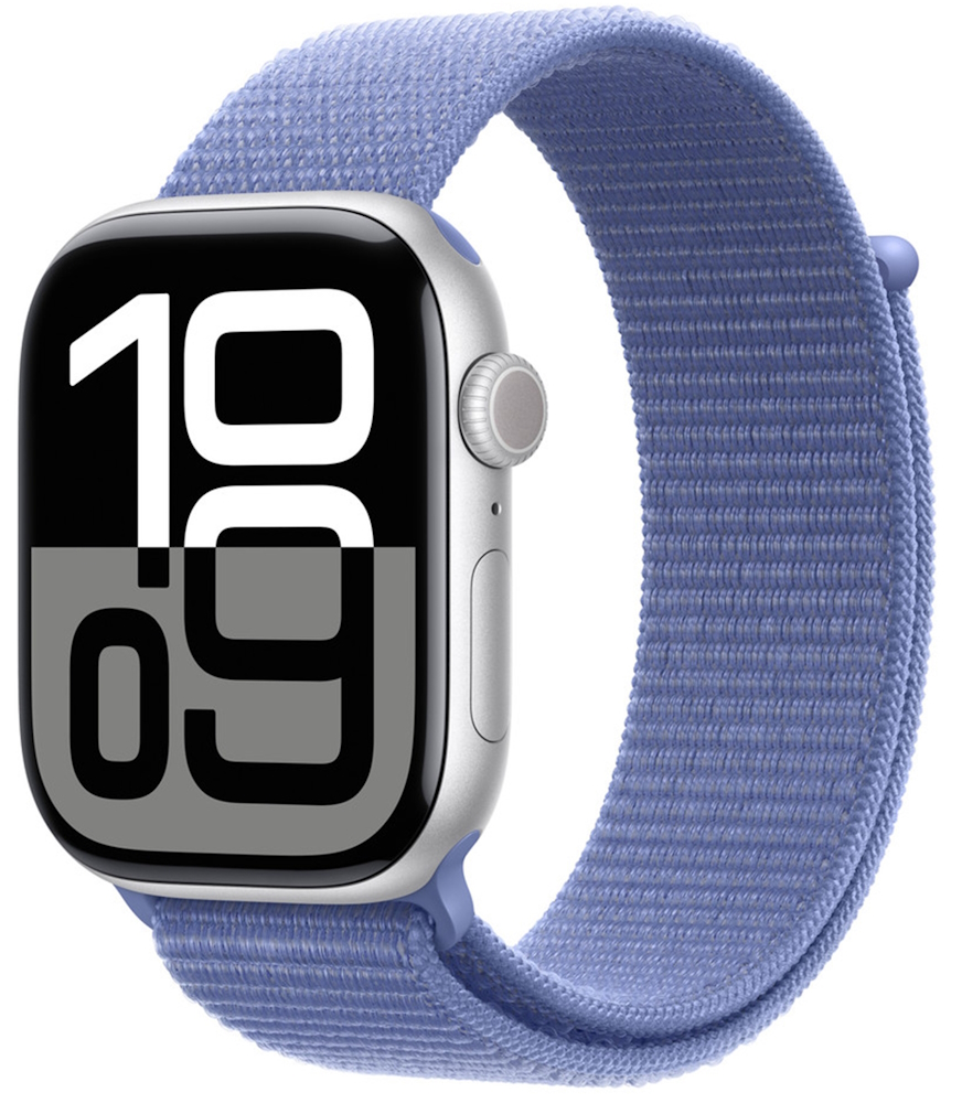 Часы Apple Watch Series 10, 46 мм, корпус из алюминия серебристого цвета, спортивный браслет (loop) цвета «барвинок» (MWX03+MDV54)