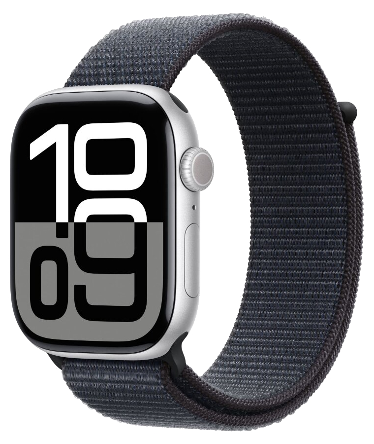 Часы Apple Watch Series 10, 46 мм, корпус из алюминия серебристого цвета, спортивный браслет (loop) чернильного цвета (MWX03+MXL33)