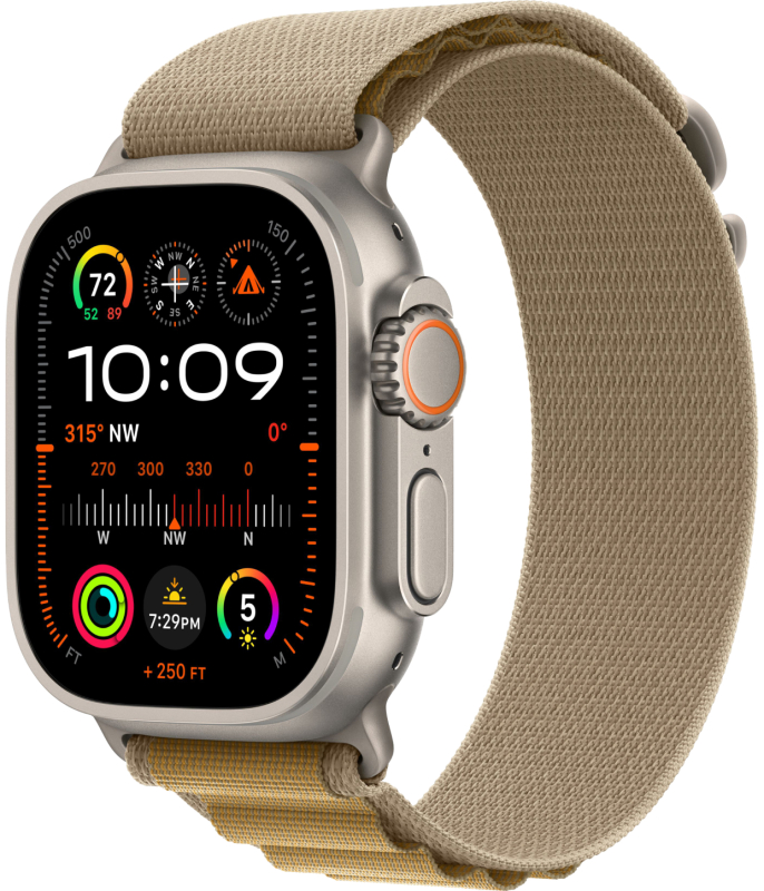 Часы Apple Watch Ultra 2 2024 Cellular, 49 мм, корпус из титана натурального цвета, браслет Alpine цвета «загар», размер M (MX4F3)