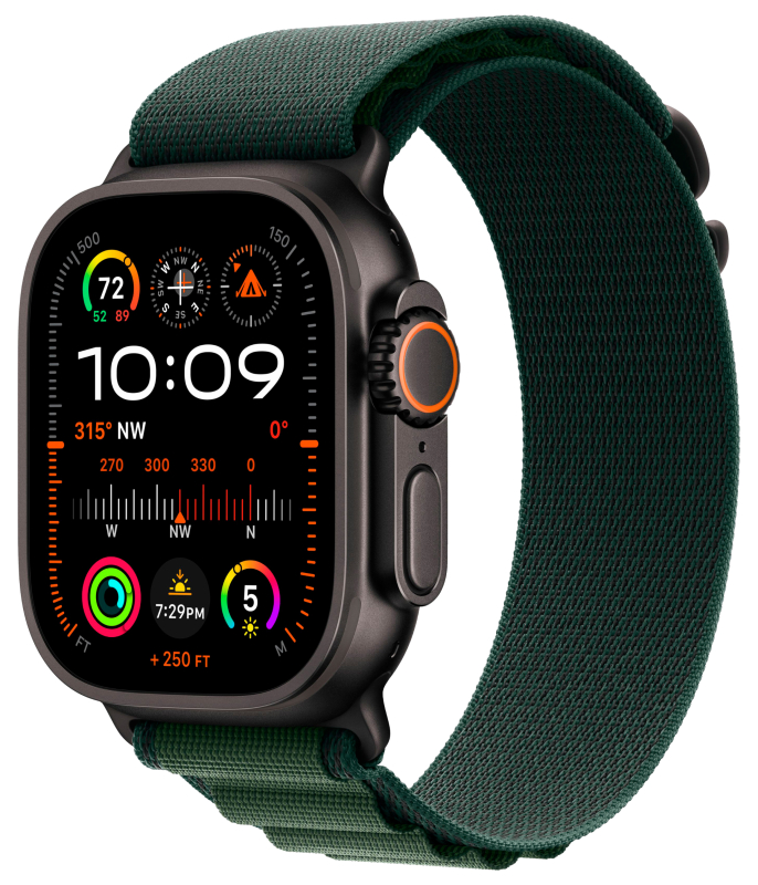Часы Apple Watch Ultra 2 2024 Cellular, 49 мм, корпус из титана чёрного цвета, браслет Alpine тёмно-зеленого цвета, размер L (MX4T3)