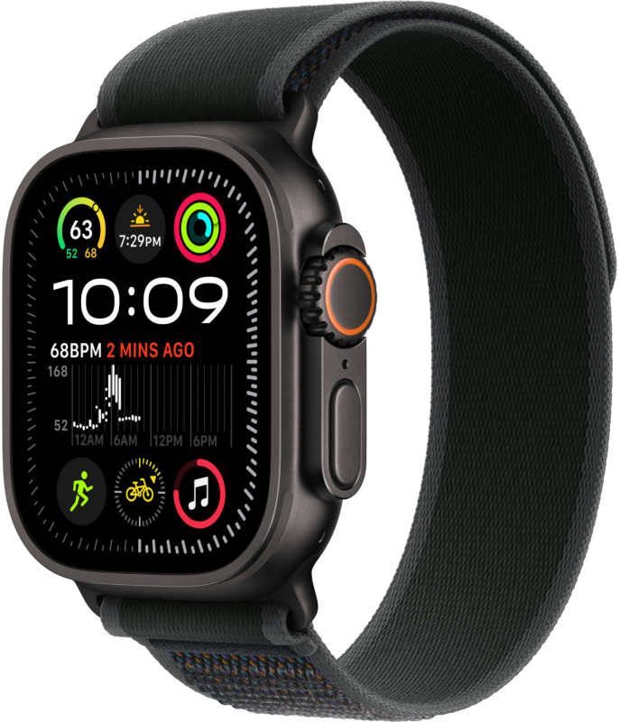 Часы Apple Watch Ultra 2 2024 Cellular, 49 мм, корпус из титана чёрного цвета, браслет Trail чёрного цвета, размер S/M (MX4U3)