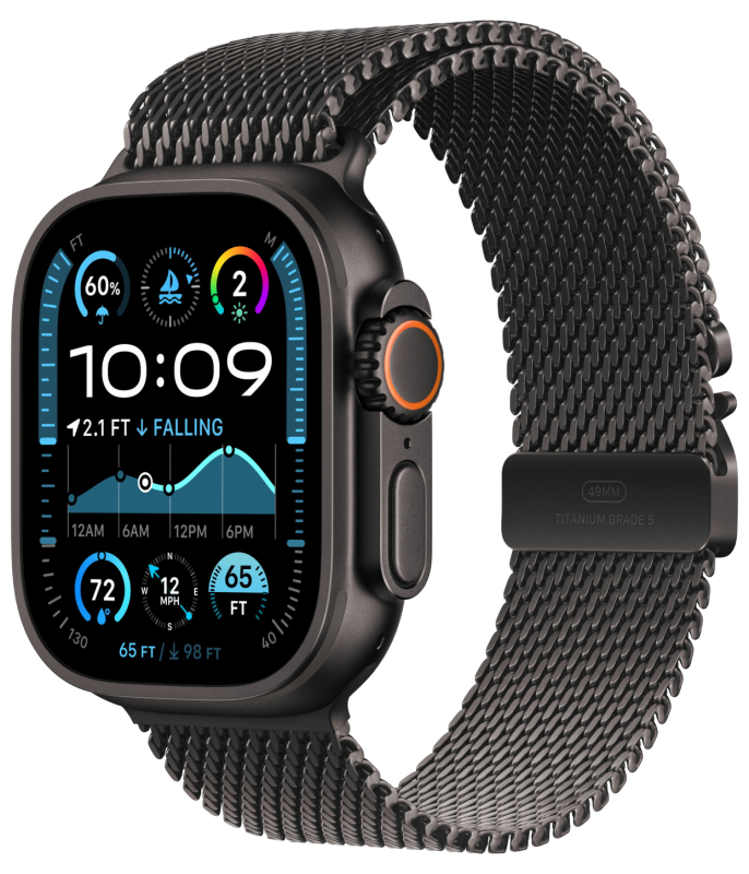 Часы Apple Watch Ultra 2 2024 Cellular, 49 мм, корпус из титана чёрного цвета, миланский браслет чёрного цвета, размер M (MX5U3)