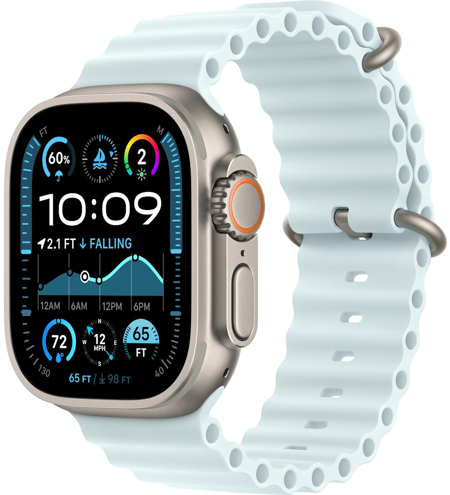 Часы Apple Watch Ultra 2 2024 Cellular, 49 мм, корпус из титана натурального цвета, ремешок Ocean цвета «голубой лёд» (MYT03+MXTF3)