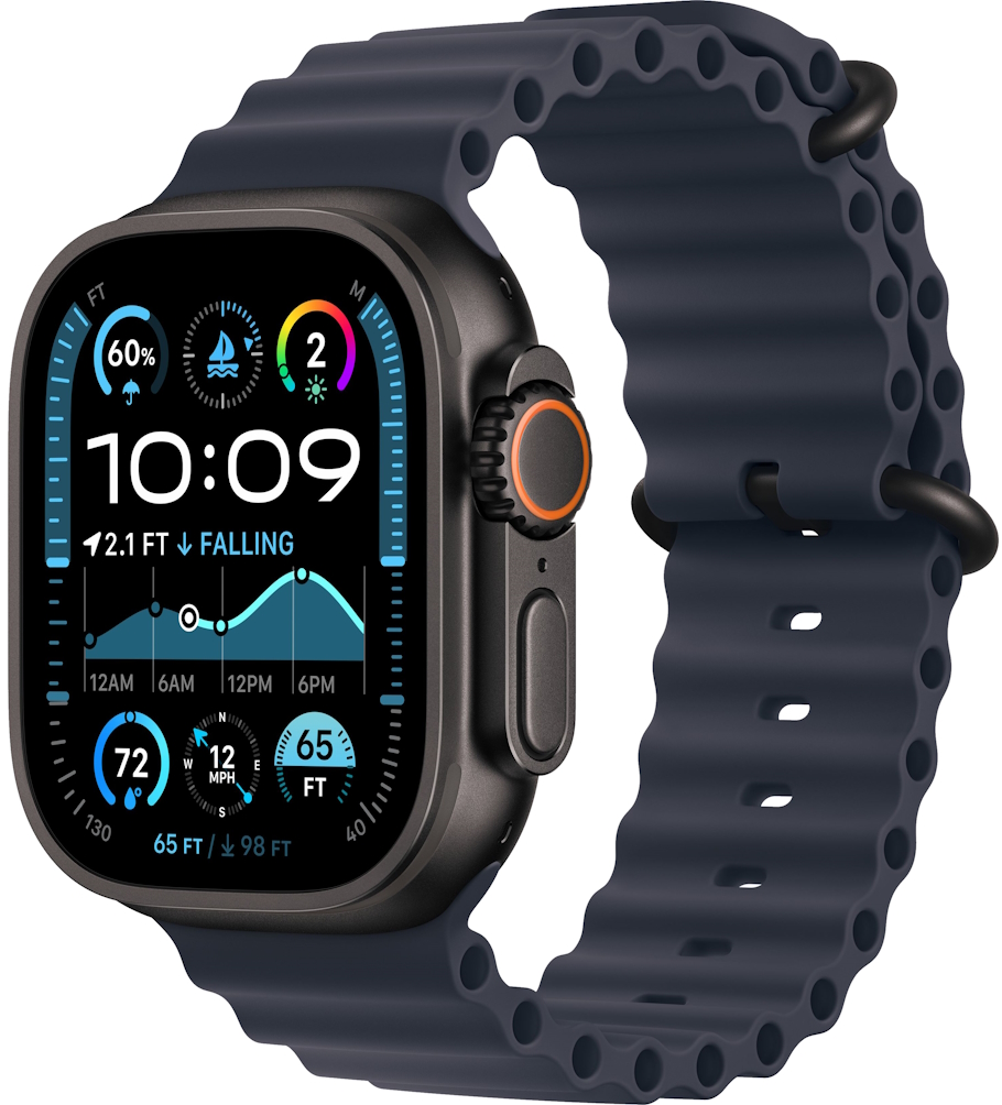 Часы Apple Watch Ultra 2 2024 Cellular, 49 мм, корпус из титана чёрного цвета, ремешок Ocean тёмно-синего цвета (MX4P3+MYTC3)