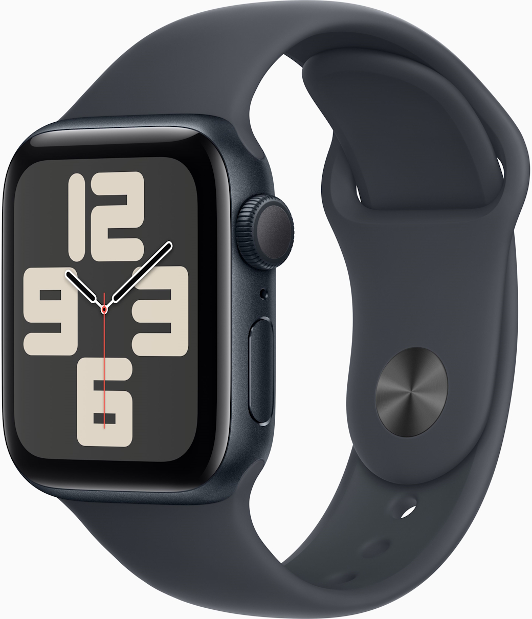 Часы Apple Watch SE 2024, 40 мм, корпус из алюминия цвета «тёмная ночь», спортивный ремешок цвета «тёмная ночь», размер M/L (MXE93)