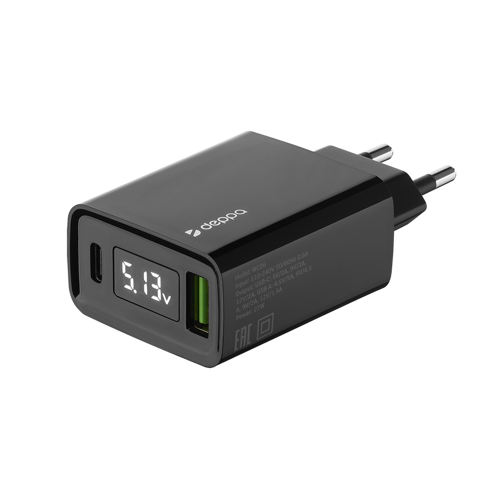 Сетевое зарядное устройство Deppa USB-A + USB-C /PD/QC 3.0/ 27W/дисплей (черное)