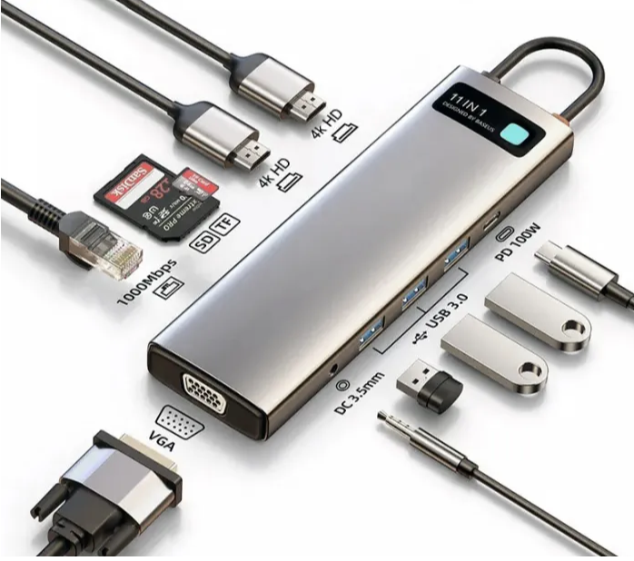 Мультихаб Baseus Metal Gleam Series 11-in-1  Type-C to 3xUSB 3.0/2xHDMI/USB-C PD/SD/MicroSD/Ethernet/VGA/3.5mm - Темно-серый (CATSX-G0G)