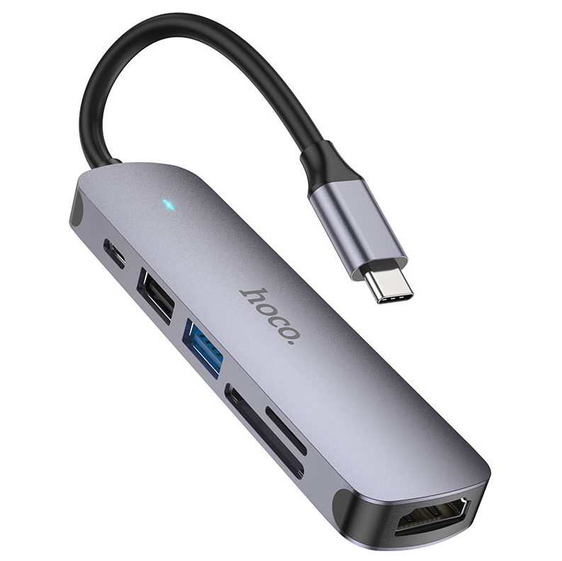 Мультихаб HOCO HB28 6-in-1 Type-C to HDMI/USB 3.0/USB 2.0/USB-C PD/USB-C/SD/TF (серый)