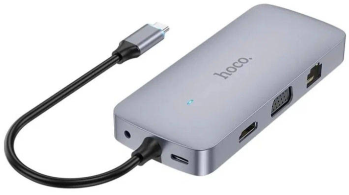 Мультихаб HOCO HB33 Type-C на HDTV/PD/USB3.0/2xUSB2.0/SD/TF/RJ45/VGA/AUX/0.13m (серый металлик) Мультихаб HOCO HB33 Type-C на HDTV/PD/USB3.0/2xUSB2.0/SD/TF/RJ45/VGA/AUX/0.13m (серый металлик)