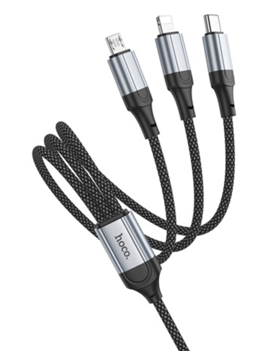 Кабель из нейлоновой оплетки  HOCO X102 3в1 USB to M+L+C 2.4A 1m (черный)