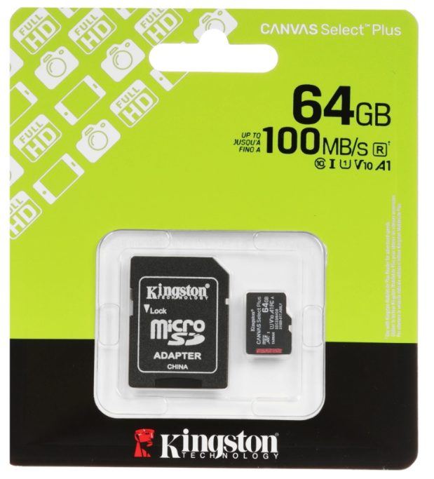 Карта памяти Kingston Canvas Select Plus microSDXC SDCS3/64GB 64GBV10 A1 + SD Adapter