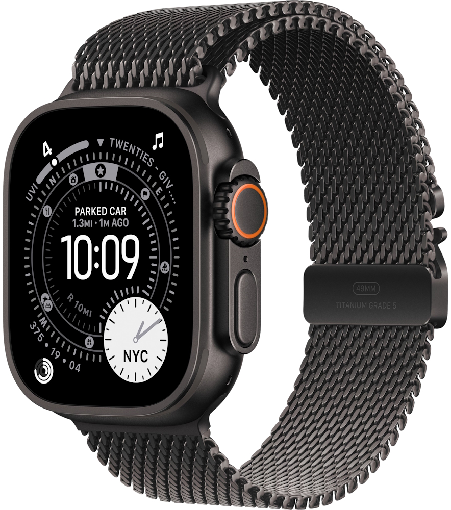 Часы Apple Watch Ultra 3 2025 Cellular, 49 мм, корпус из титана чёрного цвета, миланский браслет чёрного цвета, размер S (MF1N4)