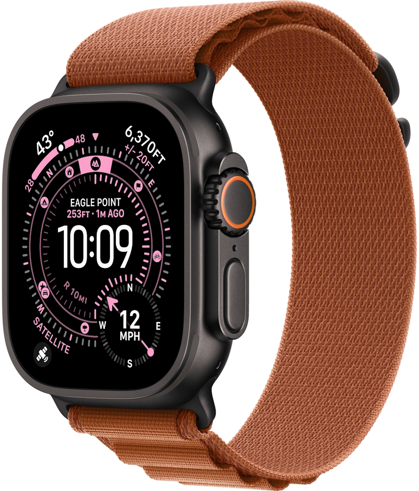 Часы Apple Watch Ultra 3 2025 Cellular, 49 мм, корпус из титана чёрного цвета, браслет Alpine терракотового цвета, размер L (MF254+MG9F4)