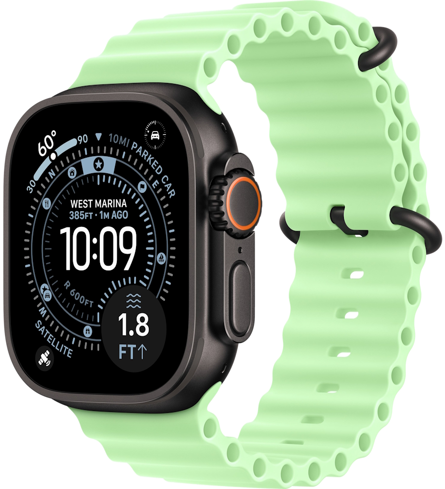 Часы Apple Watch Ultra 3 2025 Cellular, 49 мм, корпус из титана чёрного цвета, ремешок Ocean цвета «зелёный неон» (MF254+MGCL4)